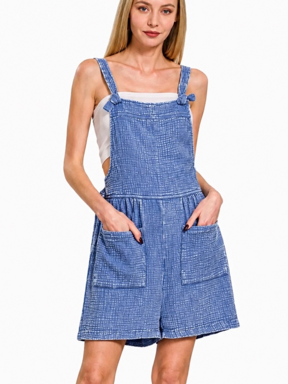 Zenana Acid Washed Blue Double Gauze Romper Overalls Small NWOT